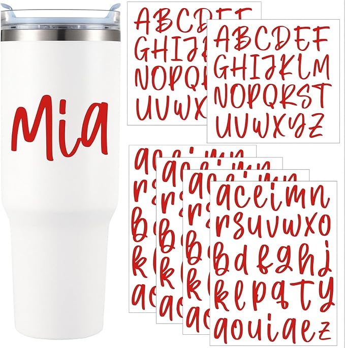 UV DTF Cup Wrap Letter Stickers Vinyl Decals,Red,6 Sheets | Personalized Name Stickers for Water Bottles Tumblers, Waterproof UV DTF Alphabet A-Z Stickers for 14-47oz Mugs DIY Craft