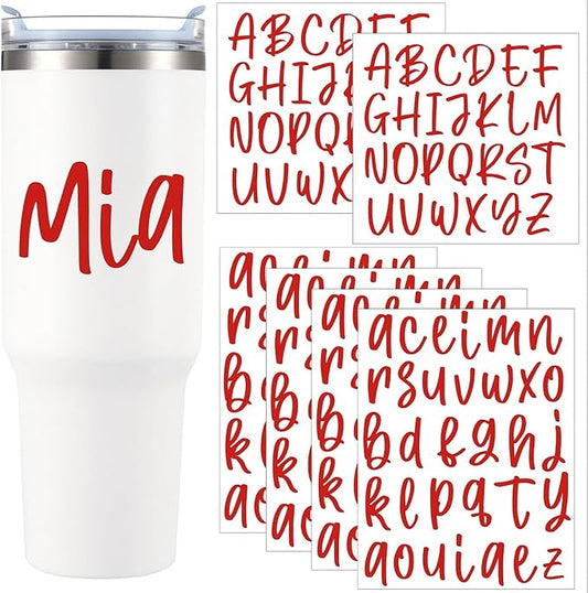 UV DTF Cup Wrap Letter Stickers Vinyl Decals,Red,6 Sheets | Personalized Name Stickers for Water Bottles Tumblers, Waterproof UV DTF Alphabet A-Z Stickers for 14-47oz Mugs DIY Craft