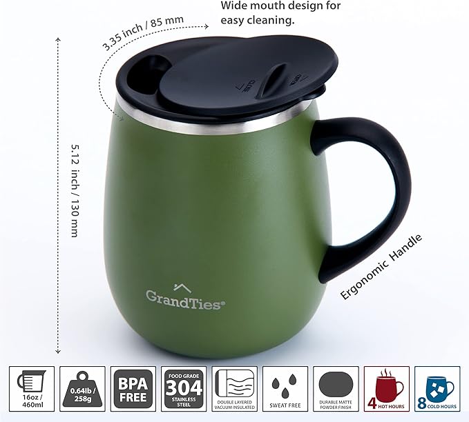 GRANDTIES Insulated Coffee Mug with Handle - Sliding Lid for Splash-Proof 16oz Wine-Glass Shape Thermal Tumbler with Double Walled Vacuum Stainless Steel to Keeps Beverages Hot or Cold-Olive Green