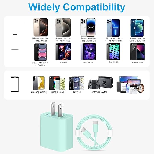 iPhone 17 16 15 Charger/6ft Type C to C Charging Cable Cord Long,USB C Fast Charging Block Plug for Apple iPhone 17 Pro Max/17 Air/16 Pro/16/15 Plus/AirPods/iPad/mini Plug Cube Birck Box Power Adapter