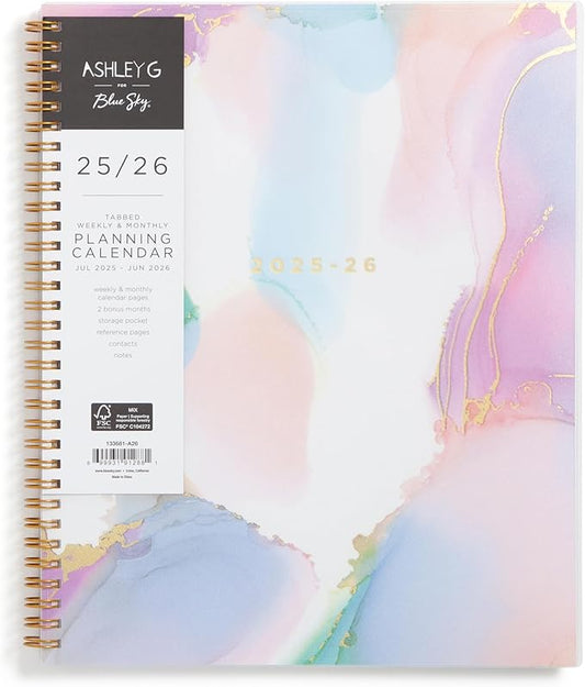 Blue Sky Ashley G 2025-2026 Weekly and Monthly Academic Year Planner Calendar, July 2025 - June 2026, 8.5" x 11", Flexible Cover, Wirebound, Laminated Tabs, Multi Color Smoke