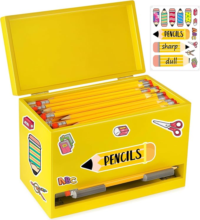 Aigybobo Pencil Dispenser for Classroom, Wooden Desk Pencil Holder, Yellow | Teacher Must Haves, Classroom Organization, Wooden Dispenser for Pencils or Straws, for Offices, Kitchens, Restaurants