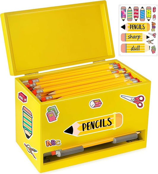 Aigybobo Pencil Dispenser for Classroom, Wooden Desk Pencil Holder, Yellow | Teacher Must Haves, Classroom Organization, Wooden Dispenser for Pencils or Straws, for Offices, Kitchens, Restaurants