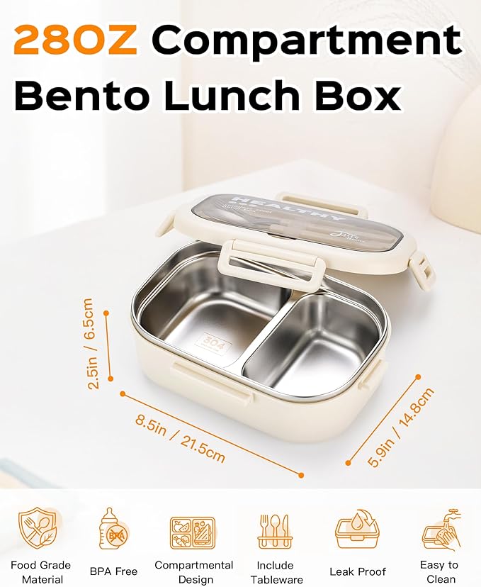 Lille Home 28oz Stainless Steel Leakproof 2-Compartment Bento Lunch Box/Portion Control Food Container with Lunch Bag and Cutlery Set, BPA Free (Beige)