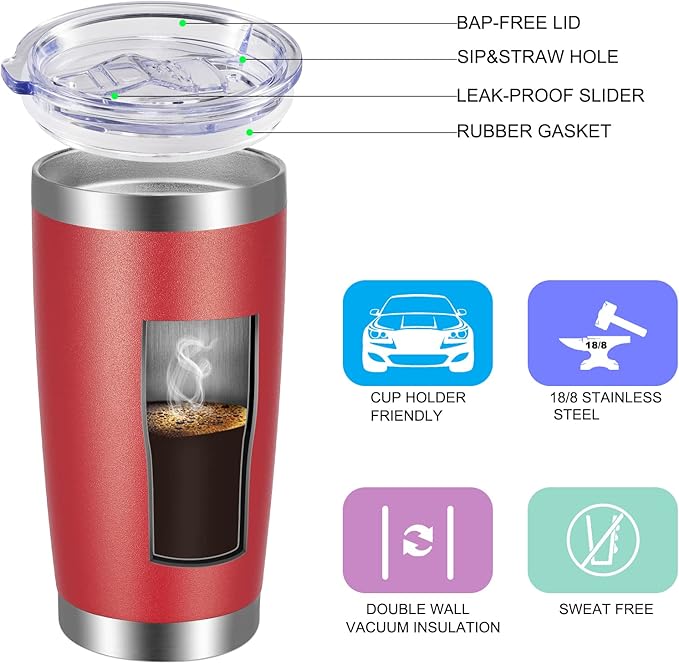 VEGOND 20oz Tumbler with Lid and Straw Stainless Steel Tumbler Cup Bulk Vacuum Insulated Double Wall Travel Coffee Mug Powder Coated Coffee Cup, Red, 12 Pack