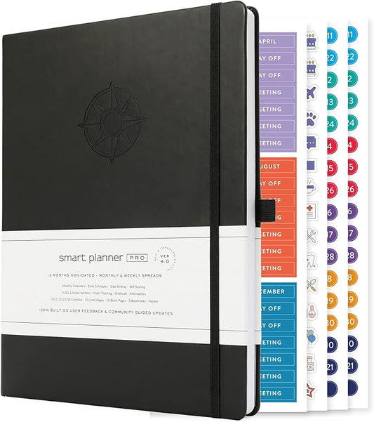 Smart Planner Pro – Undated Daily Planner – Large A4 – Achieve Goals & Increase Productivity with Weekly, Monthly, Work Sections - Organizer Diary with Back Pocket, 3 Satin Bookmarks & Pen Holder