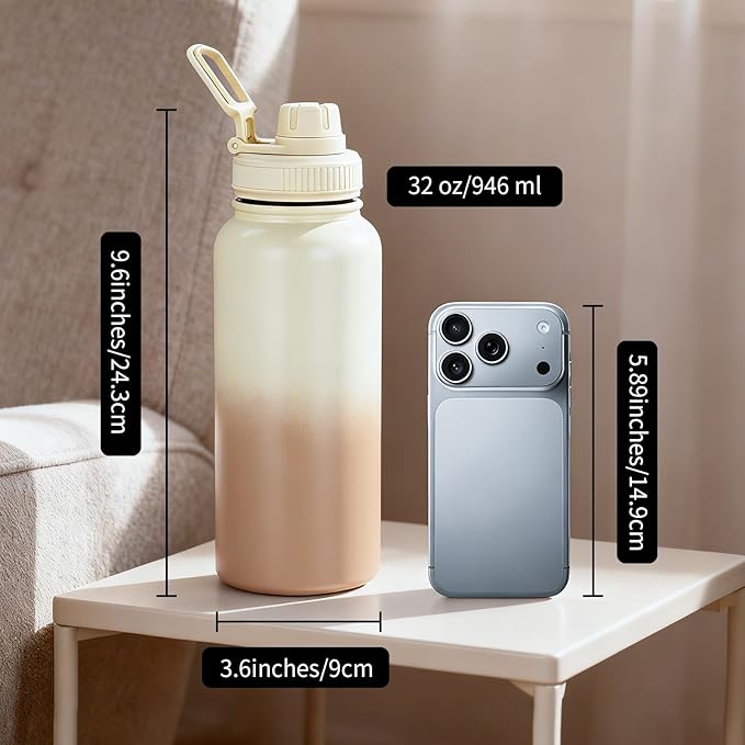 Gulex Motivational Water Bottle 32oz with Time Marker- Leakproof & BPA Free Sports Water Bottle with Straw & Carry Strap for Gym, Travel and Outdoor Sports (Stainless steel insulation-Brwom)