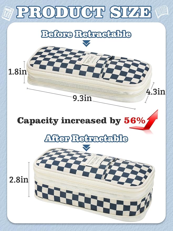Bigmeta Gingham Expandable Pencil Case for Teens Girls - Navy | Zipper Gusset for Adjustable Capacity, Checkered Cute Pencil Pouch, Stationery Bag Box for Student Back to School Gifts