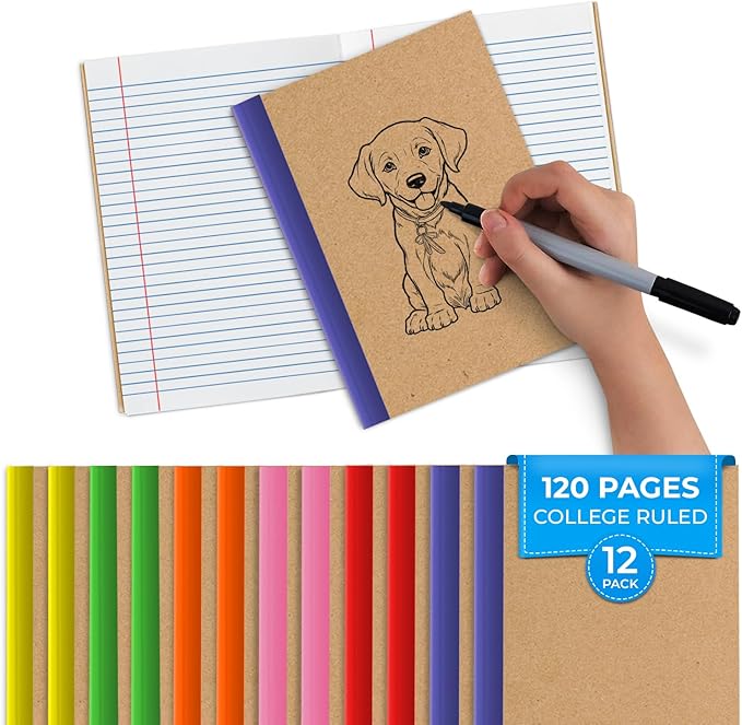 Rosmonde 12 Pack Kraft Journals A5, Extra Pages - 120 Pages (60 Sheets), College Ruled, 8 x 5.7 Small Notebooks, Rainbow Spines, Kraft Composition Notebook Journals for School Home & Office
