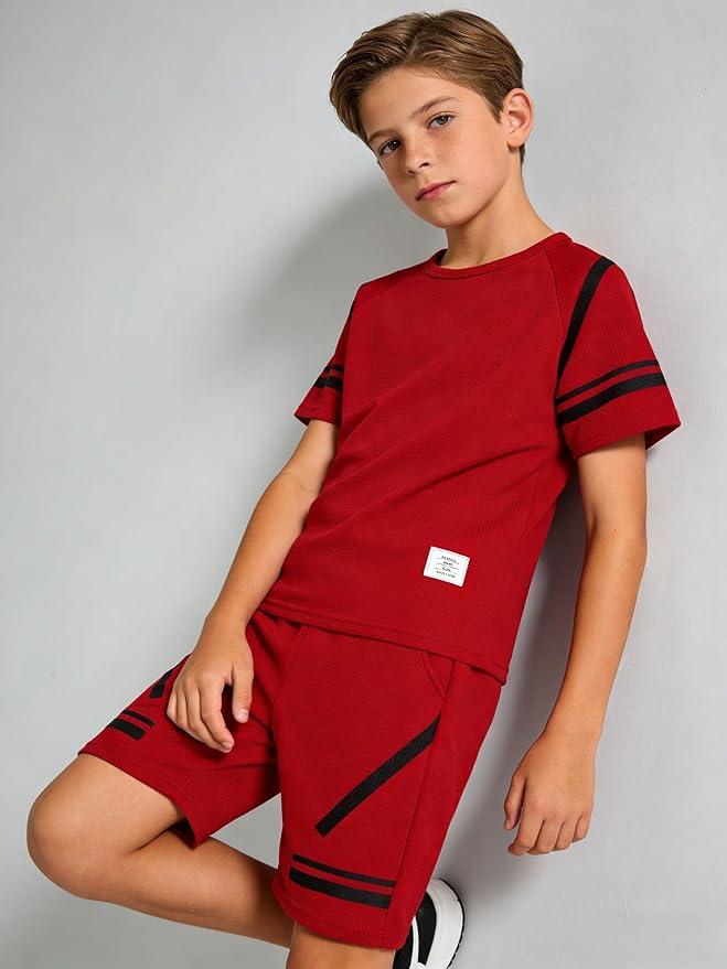 Cakaner Tween Boys Clothes Summer Simple Print T-Shirt And Shorts Set 2 Pieces Teen Trendy Outfits Size 7-14 Year