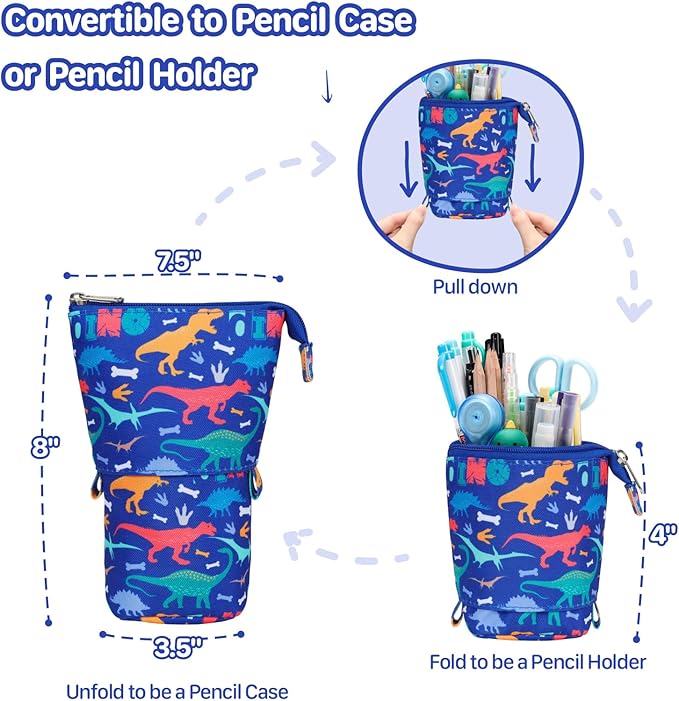 Standing Pencil Case for Boys - Telescopic Kawaii Pencil Pouch for Kids, Big Capacity Stand Up Stationery Pouch for School Students, Blue Dinosaur