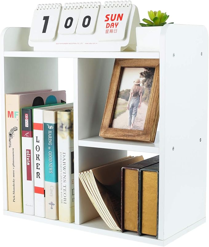 PAG Desktop Shelf Freestanding Wood Small Bookshelf Desk Supplies Organizers and Accessories Storage Display Rack Office Decor for Women, White