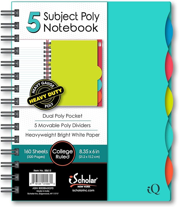 iScholar 5 Subject Poly Cover Double Wire Notebook, 8.35 x 6 Inches, Cover Color May Vary (58615)160 Sheets , Assorted
