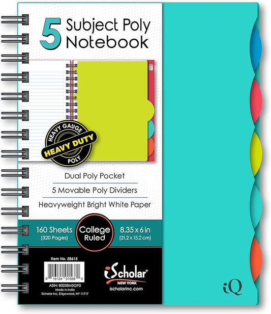 iScholar 5 Subject Poly Cover Double Wire Notebook, 8.35 x 6 Inches, Cover Color May Vary (58615)160 Sheets , Assorted