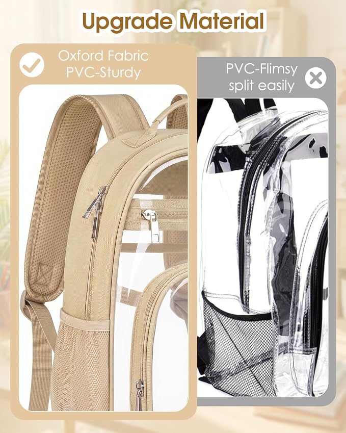Soimeat Clear Backpack for Girls Boys - Kids Clear Bookbag - Fabric & PVC Transparent Backpacks for Elementary School, Khaki