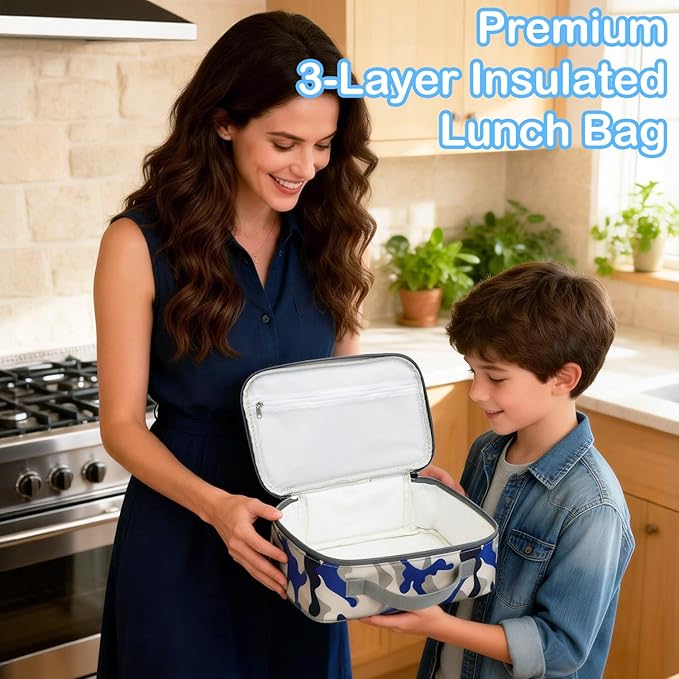 FlowFly Kids Lunch box Insulated Soft Bag Mini Cooler Back to School Thermal Meal Tote Kit for Girls, Boys,Blue Camo