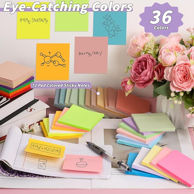 72 Pack Sticky Notes Bulk 3 x 3 in Self-Stick Note Pads Colorful Posted Note in 36 Colors Adhesive Paper Memo 50 Sheets/Pad Easy to Post for Office Home School Meetings Notebook Wall Door Window