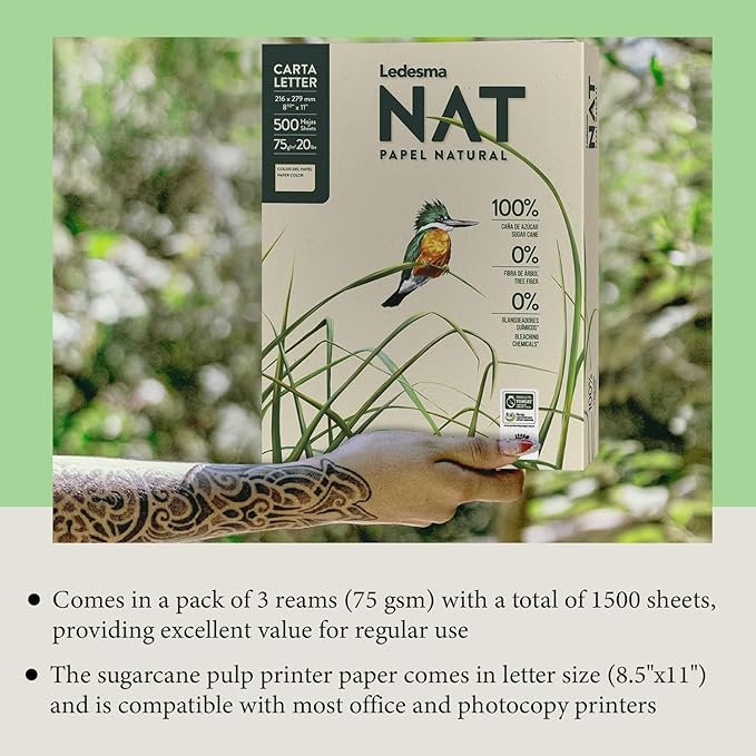 NAT Sugarcane Printer Paper – 8.5 x 11" Copy Paper, Chemical-Free - Made from 100% Sustainably Sourced, Jam Free, Acid Free, Multipurpose Recycled Office Paper, Natural Color (1 Ream/500 Sheets)