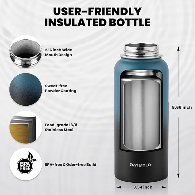 RAYMYLO Insulated Water Bottle 32 oz, Triple Wall Vacuum Stainless Steel (Cold for 24Hrs, Hot for 12Hrs), Leak Proof & Non-BPA, Modern Water Flask Jug with Paracord Handle & Straw Spout Lids