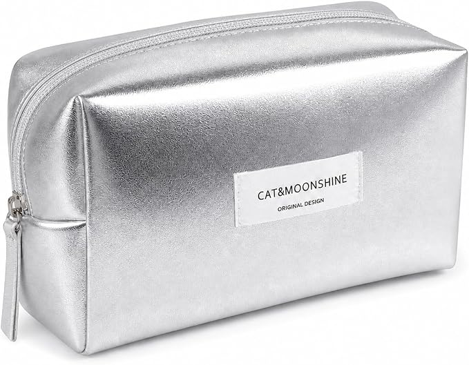 Sminra Sparkly Silver Makeup Pouch for Purse, Small Cosmetic Bag | Preppy Small Travel Toiletry Organizer with Coquette Style for Cosmetics, Skincare and Beauty Essentials