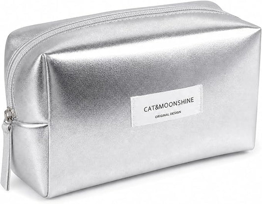 Sminra Sparkly Silver Makeup Pouch for Purse, Small Cosmetic Bag | Preppy Small Travel Toiletry Organizer with Coquette Style for Cosmetics, Skincare and Beauty Essentials