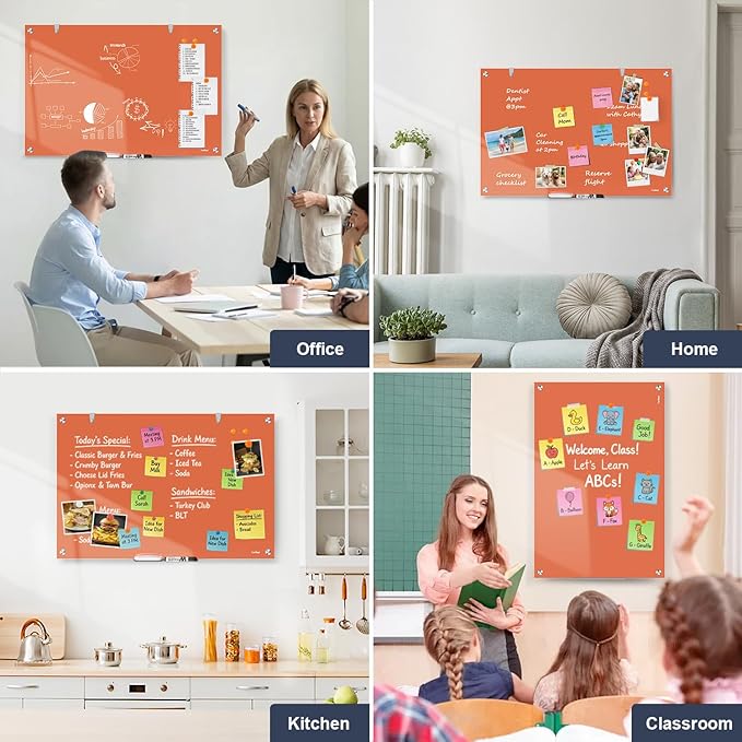 Glass Dry Erase Board for Wall, 36x24 Inches Magnetic Glass Whiteboard, Orange Frameless White Board for Office School Classroom Home, 3x2 Feet Large Whiteboard Wall Mounted