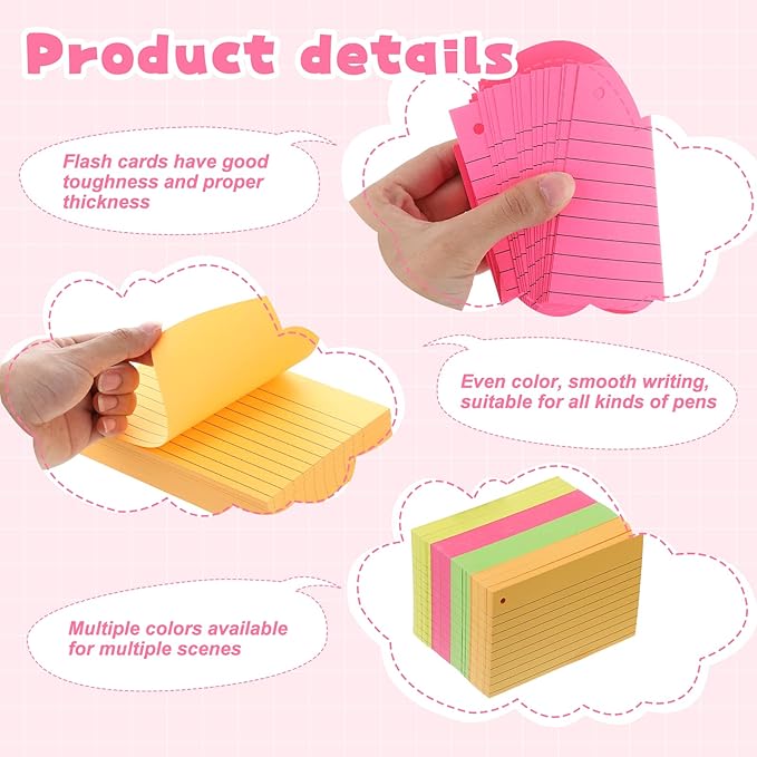 Yexiya 500 Pcs Index Cards with Rings Study Supplies Punched Lined Flash Cards with Holes Ruled Single Hole Notes and Metal Rings for Adults Office(4 x 6 Inch,Fresh Color)