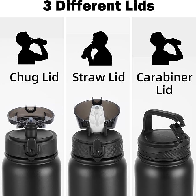 Oldley Insulated Water Bottle 32oz Water Bottles with Straw, Stainless Steel Water Bottle with 3 Lids, Double Wall Vacuum Bottles for Adult,Sports Bottles for School Travel, Black