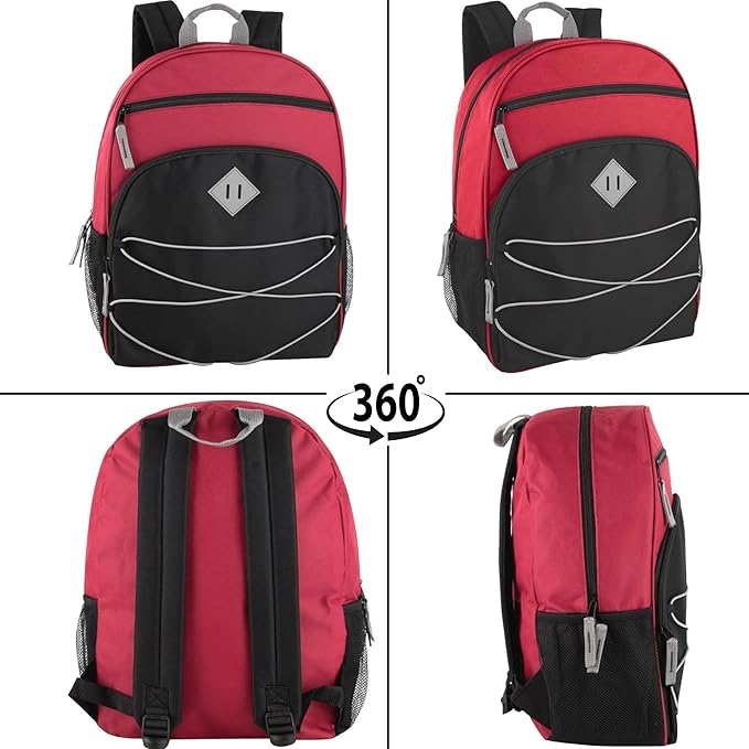 Summit Ridge Backpacks with Bungee Cord Front | 17” Multi Pocket Backpack for Adults, College, Travel (Red/Black)