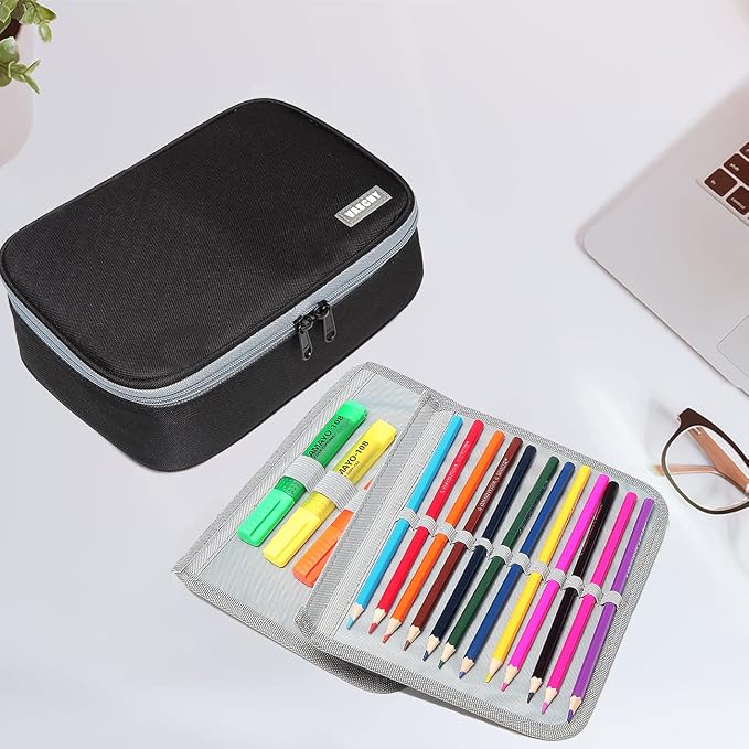 VASCHY Large Pencil Case, Art Color Pencils Pouch with Detachable Layers Multiple Zip Pockets for School Office Stationary Organization Black