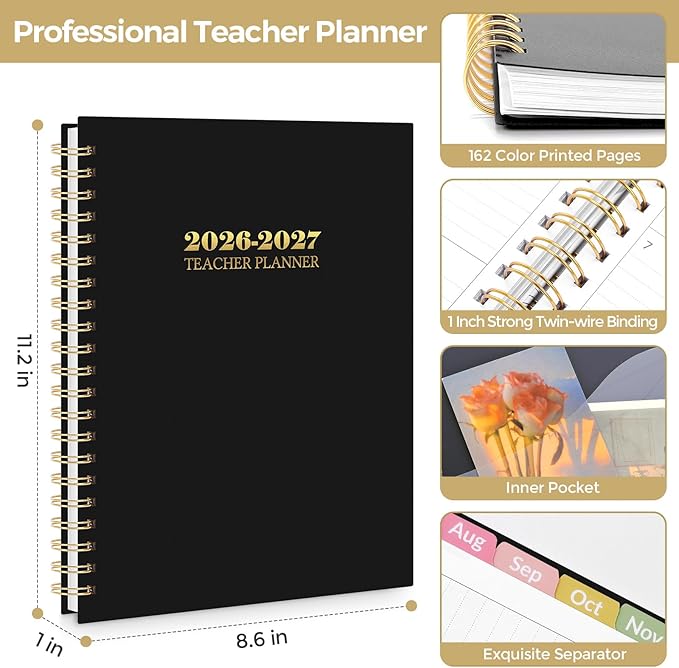 SKYDUE Teacher Planner 2026-2027 Academic Year, 8.5" x 11" Teacher Lesson Planner with Monthly Tabs & Stickers, Lesson Plan Book 26-27, Black
