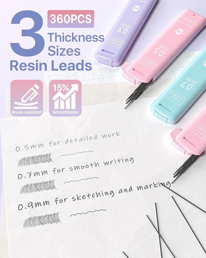 Four Candies 6PCS Cute Mechanical Pencil Set, 0.5mm 0.7mm 0.9mm with 360PCS Lead Refills, Pastel Erasers & Case, Kawaii Aesthetic School Supplies for Versatile Sketching and Student Note-Taking