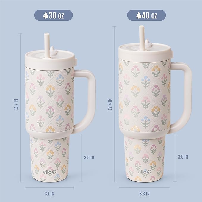 Ello Oasis 30 oz Tumbler with Handle & Retracting Straw | Reusable Insulated Stainless Steel Cup 100% Leakproof | Gifts for Teens Women | Keeps cold for 24 Hours | Cup Holder Friendly | Flower Quilt