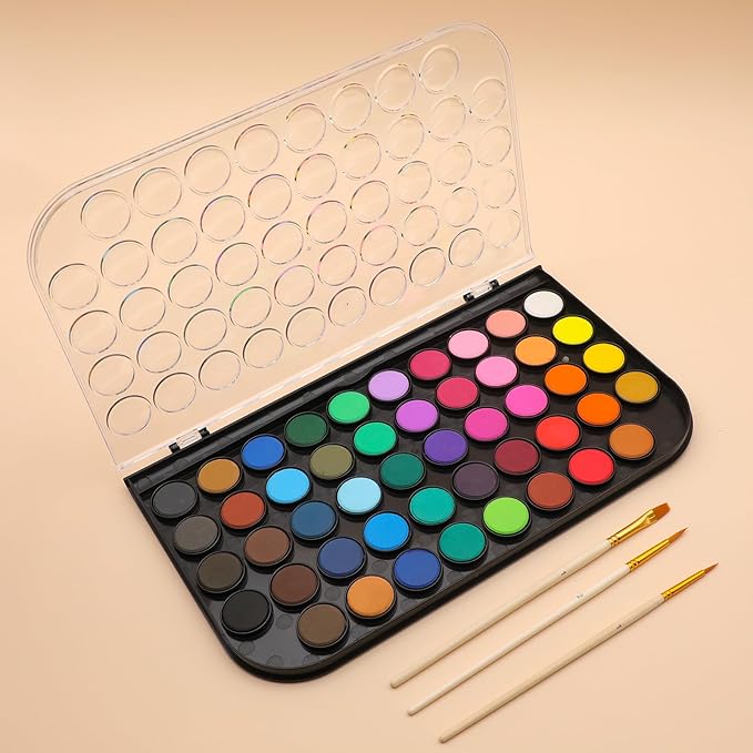 Artecho 48 Colors Watercolor Paint Set, Portable Travel Watercolor Cake Kit with 3 Brushes, Easy-Clean Washable Paint for Card Making, Illustrations, Painting, Calligraphy