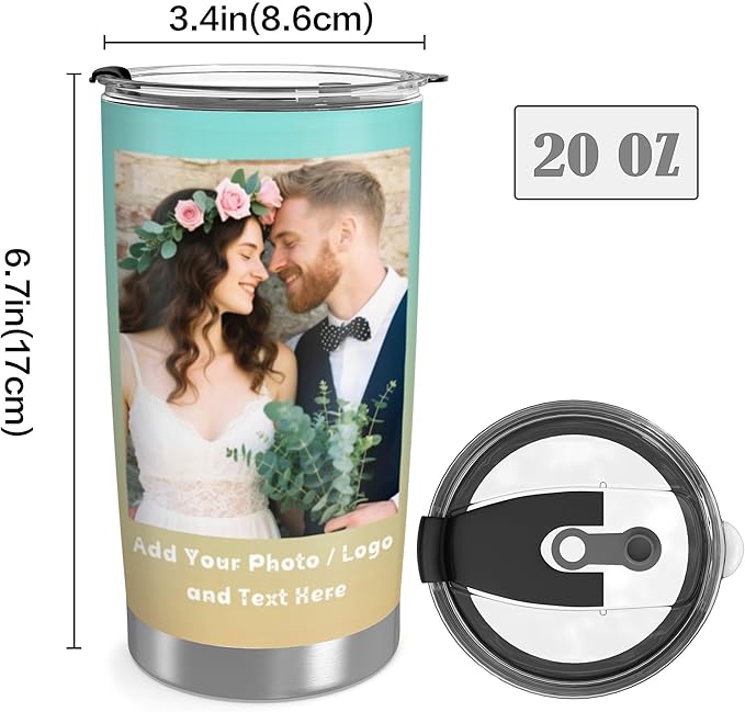 Personalized Tumbler Custom Vacuum Insulated Travel Mug Customizable Coffee Cup with Your Photos and Text Christmas Birthday Gift (2 Photos+Text)