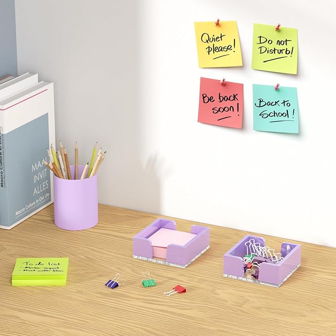 WINFFOR Acrylic Notepad Holder Dispenser - 3x3 in Sticky Note Memo Holder for Desk Organizer (W/O Pads) Office Desk Accessories School Supplies, Purple