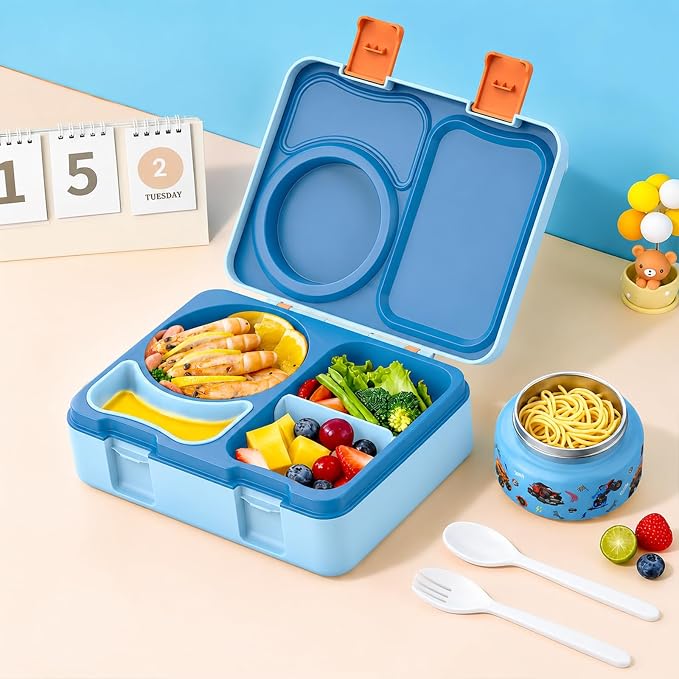 Kids Insulated Lunch Box with 8OZ Thermo Food Jar | Leakproof Bento Box with Ice Pack Sauce Cup Utensils Removable Tray & Dividers for School Daycare Travel, Trucks