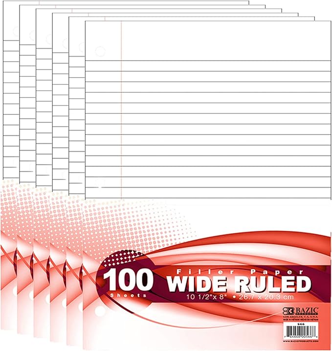 BAZIC Products Filler Paper Loose Leaf Papers 100 ?Sheet, Wide Ruled 3 Hole Punched for Ring Binders, for Office School Student Writing, 6-Pack