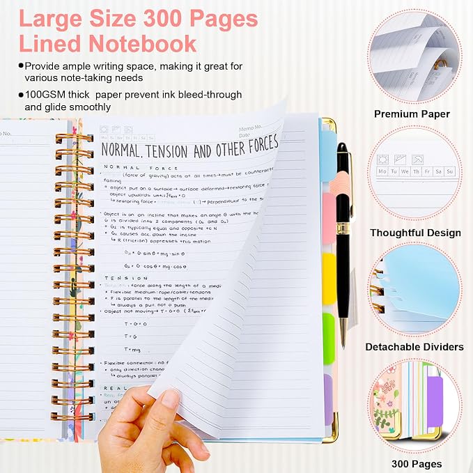 Spiral Journal Notebooks for Work, 300 Pages 5 Subject Notebook College Ruled with Dividers & Tabs, Notebook Journal for Women Students Note-Taking and Organizer (Beige Bloom, 8.5''x 11'')