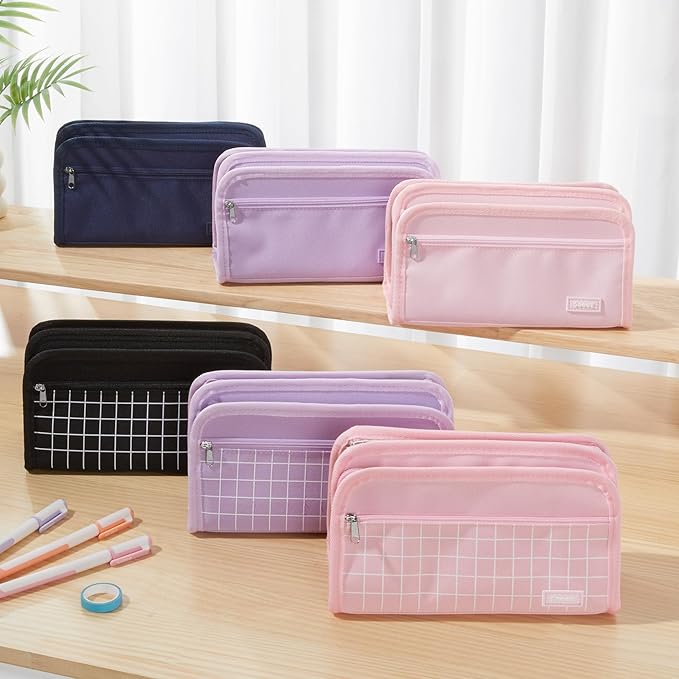 Sooez Large Pencil Case, Big Capacity Pencil Pouch Pen Bag with 3 Compartment, Portable Canvas Stationery Organizer with Zipper, Cute Aesthetic School Supplies for Teen Girls College, Pure Purple