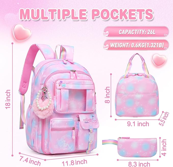Alrisg Girls Backpack for Kids Elementary Middle School Cute Student Bookbag School Bag Pink Set