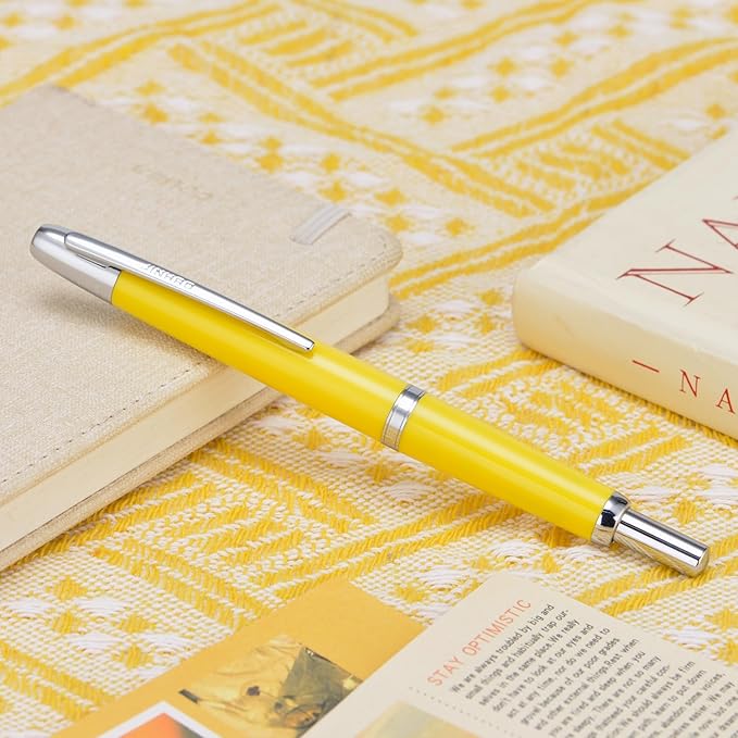 Jinhao 20 Press Fountain Pen, Lemon Yellow Retractable Fine Nib with Ink Converter Set (Silver Clip)