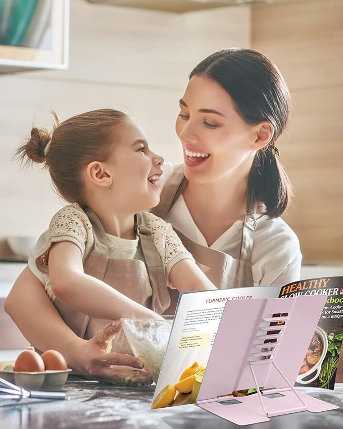MSDADA 2PC Different Design Desk Book Stand Metal Reading Rest Book Holder Adjustable Cookbook Documents Holder Portable Sturdy Bookstand for Recipes Textbooks Tablet Music Books(Macaron Pink+Purple)