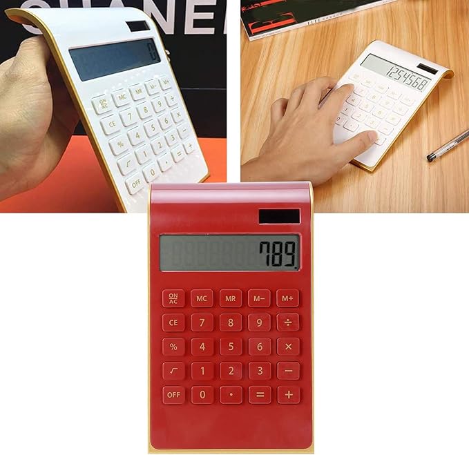 Portable 10 Digits Calculator Tilted LCD Display Ultra Thin Solar Power Calculator for Home Office Business(Red)