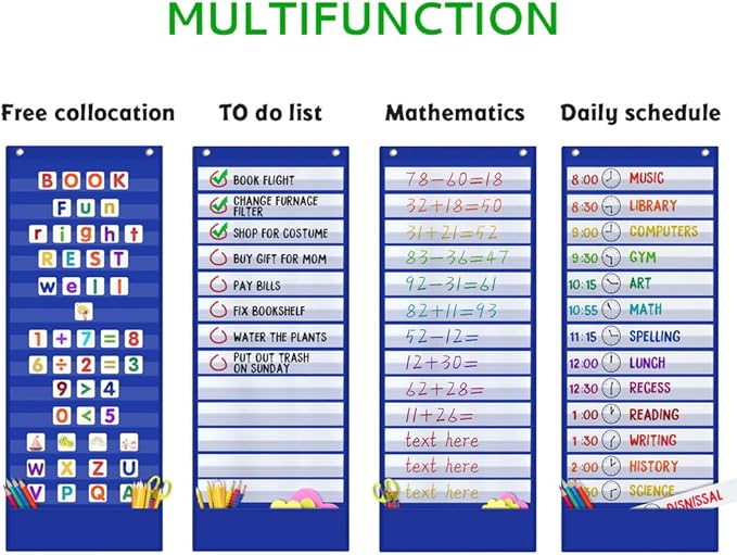 Scheduling Pocket Chart, 13+1 Pockert, Daily Class Schedule Pocket Chart with 18 Dry-Eraser Cards, Ideal for Classroom Office School Home Used, Over-door Mount (Blue)
