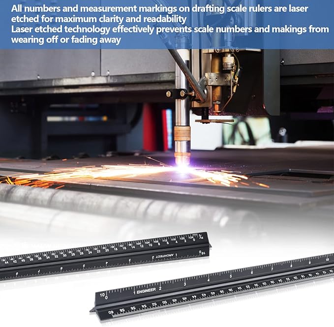 Architectural and Engineering Scale Ruler Set, Imperial Measurements 12'', Black Laser-Etched Aluminum Architect Triangular Ruler for Architects, Students, Draftsman, and Engineers
