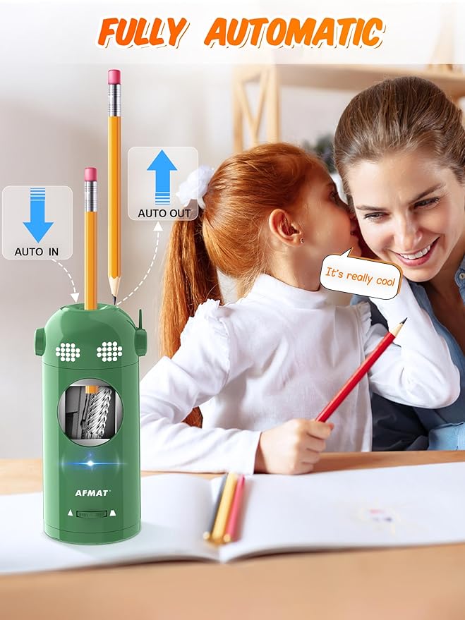 AFMAT Electric Pencil Sharpener Fully Automatic, Colored Pencil Sharpeners for 7-11.5mm Pencils, Rechargeable Hands-Free Robot Sharpener for Classroom, Home, Office, Battery Operated, PSX5EW, Green