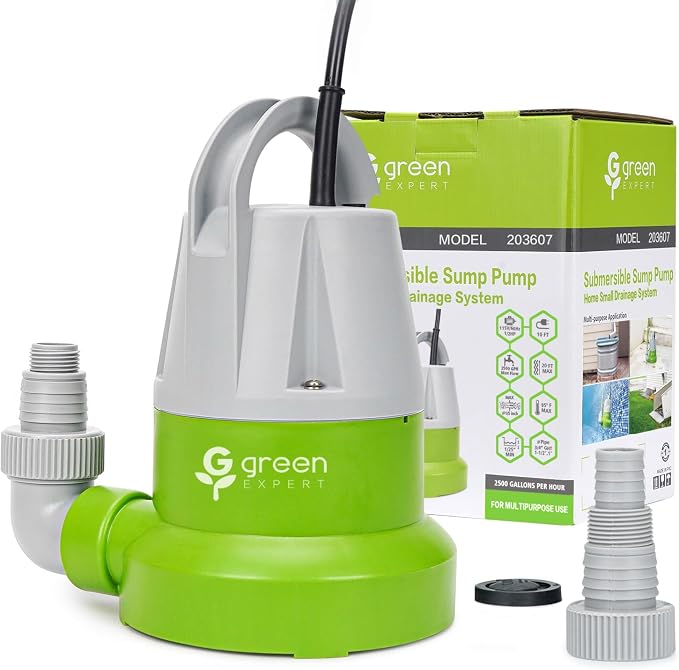 Green Expert 1/2 HP Submersible Utility Pump, 2500 GPH Portable Water Removal, Manual Plug-in Last-Inch Drain with Check Valve and Hose Adapters, 115V Sump Pump for Basement Pool Hot Tub