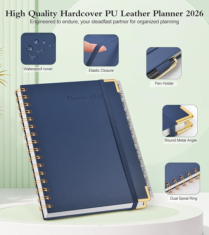 2026 Planner, Hardcover Leather Weekly and Monthly Planner, January 2026 - December 2026, Spiral Yearly Agenda Organizer Book 2026 with Tabs, Daily Calendar Planners for School Work Home, A4 (8.5" x 11"), Navy