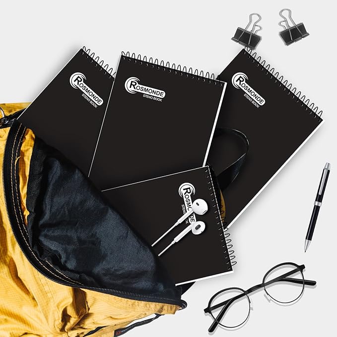 Rosmonde 12 Pack Spiral Steno Pads, 6 x 9, Gregg Rule, Black Steno Pad, Long Lasting - 80 Sheets (160 Pages), Top Spiral Notebook, Bulk Steno Notebook for Business, Top Spiral Steno Book for Office